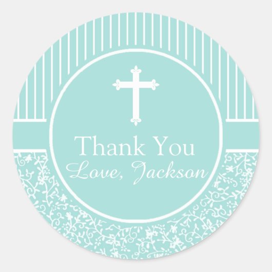 Sticker Rond Green White Stripes Floral Cross Merci Garçon (Devant)