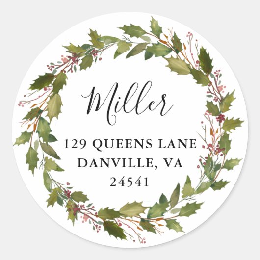 Sticker Rond Greenery Holly Wreath Adresse de retour (Devant)