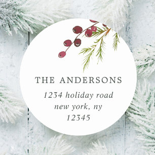Sticker Rond Greenery Red Berries Holiday Adresse de retour