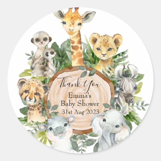 Sticker Rond Greenery Safari Jungle Wild Animals Baby Shower (Devant)