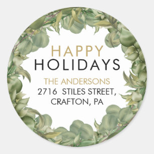 Sticker Rond Greenery Wreath Happy Holidays Return Adresse