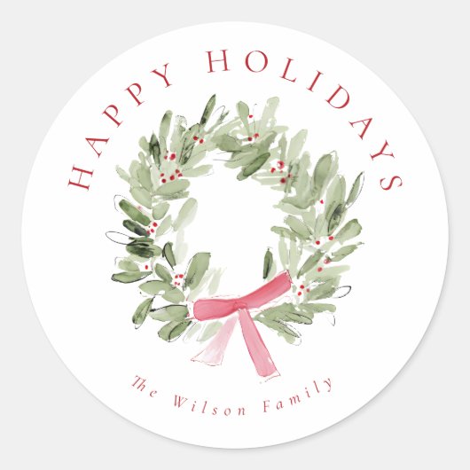 Sticker Rond Greenery Wreath & Red Bow Holiday (Devant)