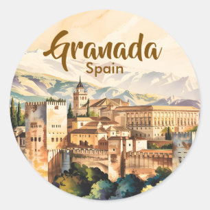 Sticker Rond Grenade Espagne Alhambra Aquarelle Voyage Vintage