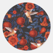 Sticker Rond Grenade et colibris/feuilles bleus sur noir (Devant)