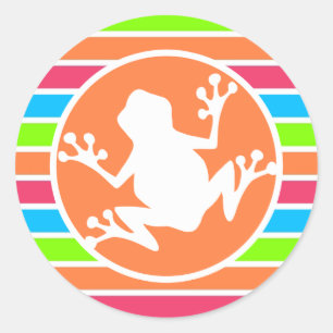Sticker Rond Grenouille; Bleu vert rose néon