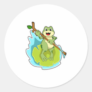 Sticker Rond Grenouille comme randonneur avec bâton