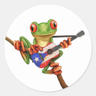 Sticker Rond Grenouille d'arbre jouant le blanc de guitare de