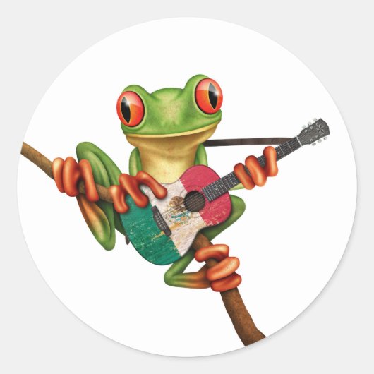 Sticker Rond Grenouille d'arbre Jouer Drapeau Mexicain Guitare  (Devant)