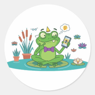Sticker Rond Grenouille drôle naviguant sur smartphone