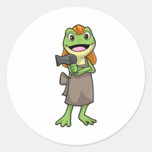 Sticker Rond Grenouille en coiffeur avec sèche-cheveux