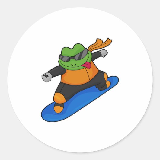 Sticker Rond Grenouille en snowobarder avec snowboard (Devant)