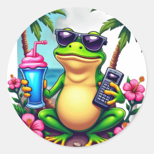 Sticker Rond Grenouille Grincheuse Y2K Vaporwave Tropical Rétro