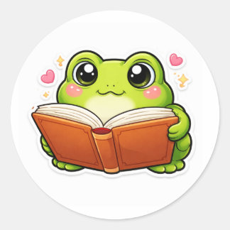 Sticker Rond Grenouille lisant un livre
