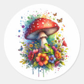 Sticker Rond Grenouille mignonne, Fleurs, Papillons et Champign (Devant)