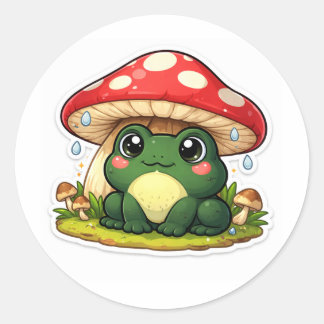 Sticker Rond Grenouille sous un champignon surdimensionné