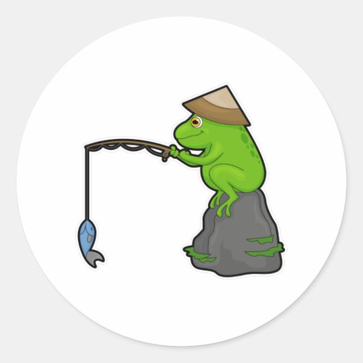 Sticker Rond Grenouille sur pierre à la pêche avec bâtonnet de  (Devant)