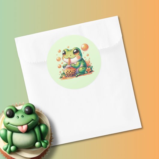 Sticker Rond Grenouille verte Boire Boba Orange