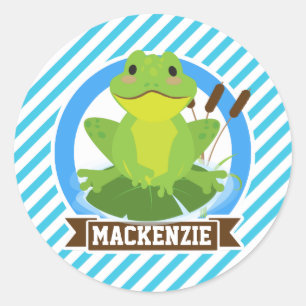 Sticker Rond Grenouille verte sur Lilypad ; Rayures bleues et