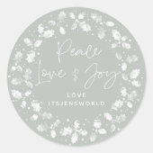 Sticker Rond Grey Green Peace Love+Joy Holly Wreath (Devant)