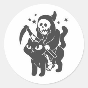 Sticker Rond Grim reaper riding a cat - Choose background color