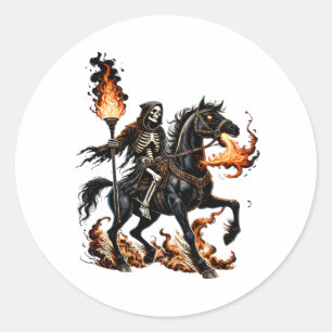 Sticker Rond Grim Reaper Skeleton équitation Horse Flames