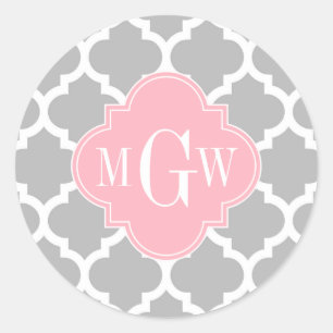 Sticker Rond Gris Blanc Marocain #5 Rose 3 Initiale Monogramme