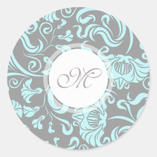 Sticker Rond Gris Bleu Vintage Motif Floral Monogramme Rond S