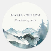 Sticker Rond Gris Blush Green Blue Mountains Pine Mariage (Devant)