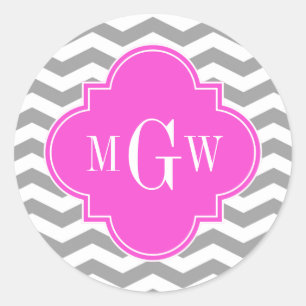 Sticker Rond Gris Chevron Rose Chaud Quatrefoil 3 Monogramme Tn