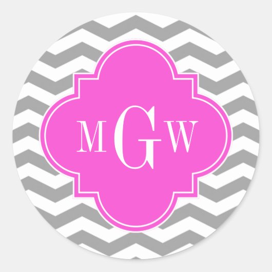 Sticker Rond Gris Chevron Rose Chaud Quatrefoil 3 Monogramme Tn (Devant)