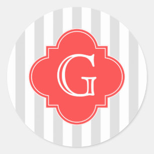 Sticker Rond Gris clair Gris Blanc rayures Corail Rouge Monogra
