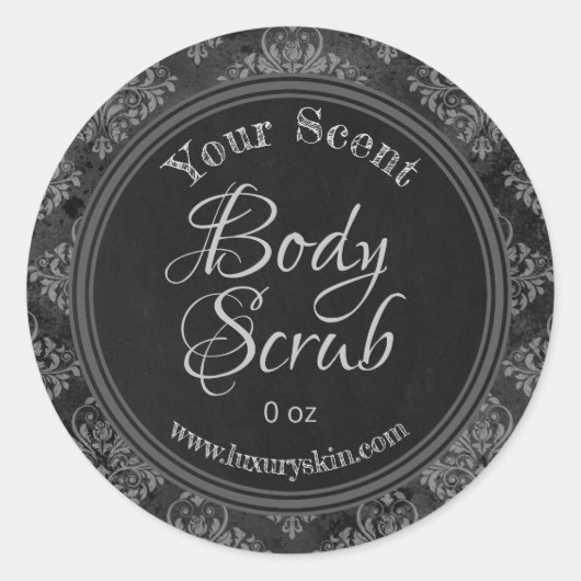 Sticker Rond Gris Damask Charcoal Chalkboard Body Scruter Étiqu (Devant)