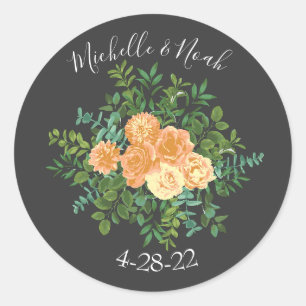 Sticker Rond Gris foncé Pêche Mariage Floral moderne