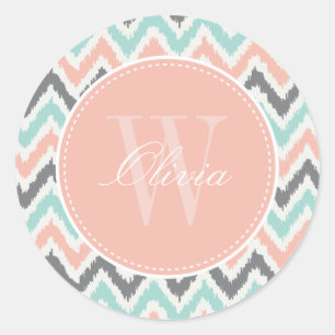 Sticker Rond Gris Monnaie Pêche Zigzag Ikat Motif Monogramme