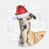 Sticker Rond Grishound italien et Woof Word Art Noël (Devant)