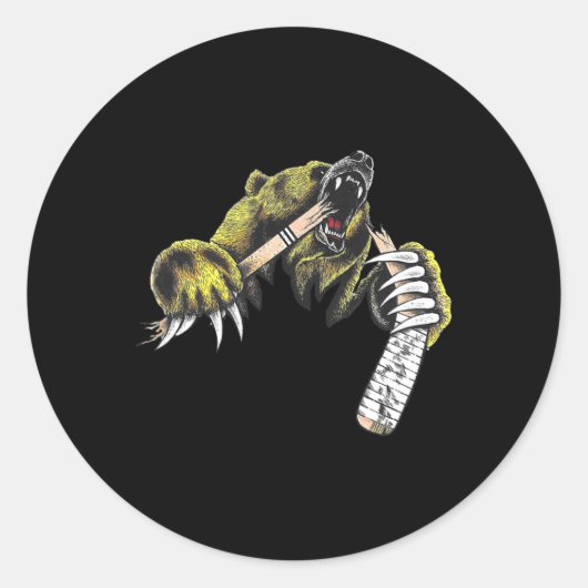 Sticker Rond Grizzly Bear Bursting Though Biting Hockey Stick L (Devant)