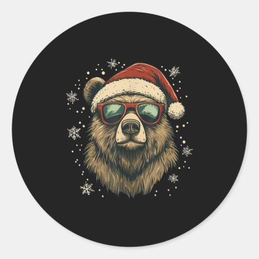 Sticker Rond Grizzly Bear Santa Hat Funny Cute Animal Lover Chr (Devant)