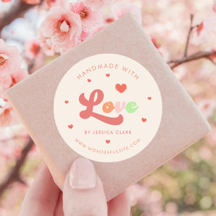 Sticker Rond Groovy Coloré Rétro Fabriqué avec Amour Cœur