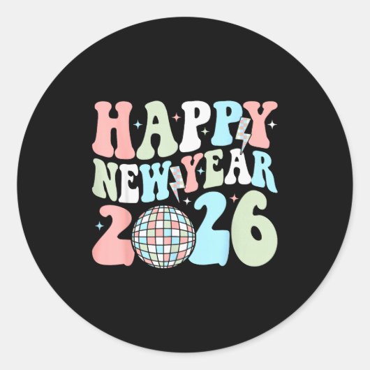 Sticker Rond Groovy Happy New Year 2026 Party Cute New Years Ev (Devant)