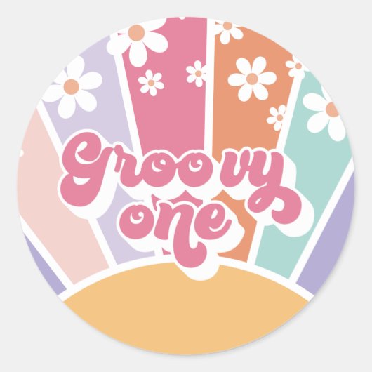 Sticker Rond Groovy One Retro Sunshine Rainbow Daisy (Devant)