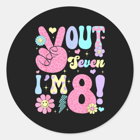 Sticker Rond Groovy Peace Out Seven I'm 8 Years Old 8th Birthda (Devant)