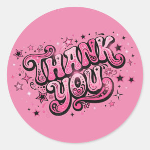 Sticker Rond Groovy. Rose et noir. Merci.