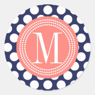 Sticker Rond Gros Pois de la Marine et du Corail Monogramme