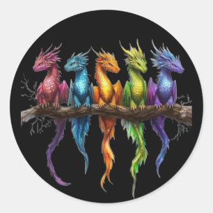 Sticker Rond Groupe Arc-en-ciel de bébés dragons sur fond noir