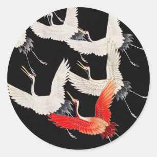 Sticker Rond Grues volantes : Japonais Bird Kimono Art