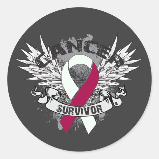 Sticker Rond Grunge ailé Ruban Tête Cou Cancer Survivant (Devant)