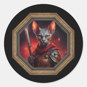 Sticker Rond Guerrier Chat Sphinx Fantastique Dans Un Cadre