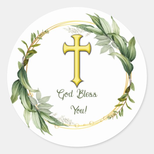 Sticker Rond Guirlande à feuilles modifiables et Croix Dieu vou (Devant)