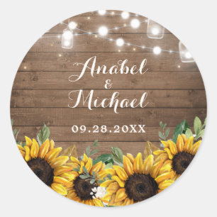 Sticker Rond Guirlande de lumières en bois rustique tournesol d