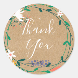 Sticker Rond Guirlande florale rustique Script Merci